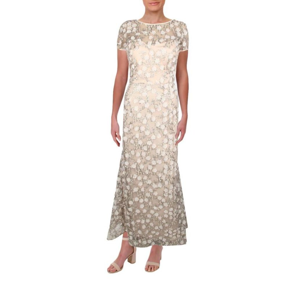 Xscape Womens Beige Mesh Floral Semi-Formal Evening Dress Gown Petites NWOT